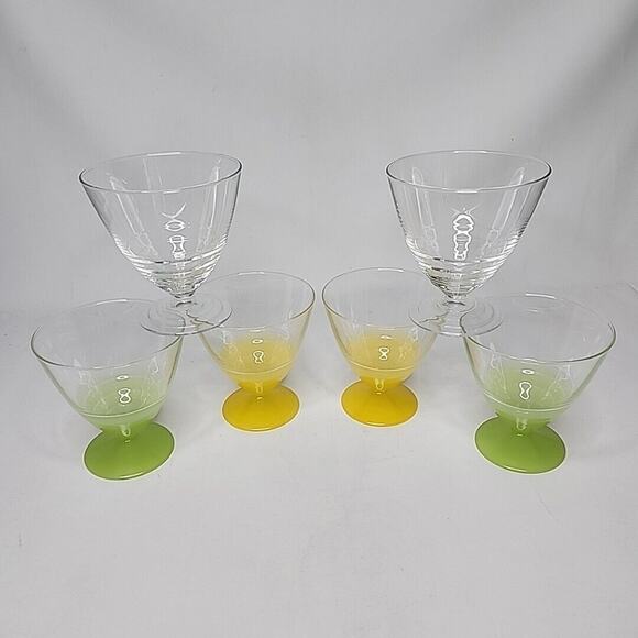 Six ARC France Dessert Cups 8oz Glasses Retro Footed Green Yellow Clear Arcoroc